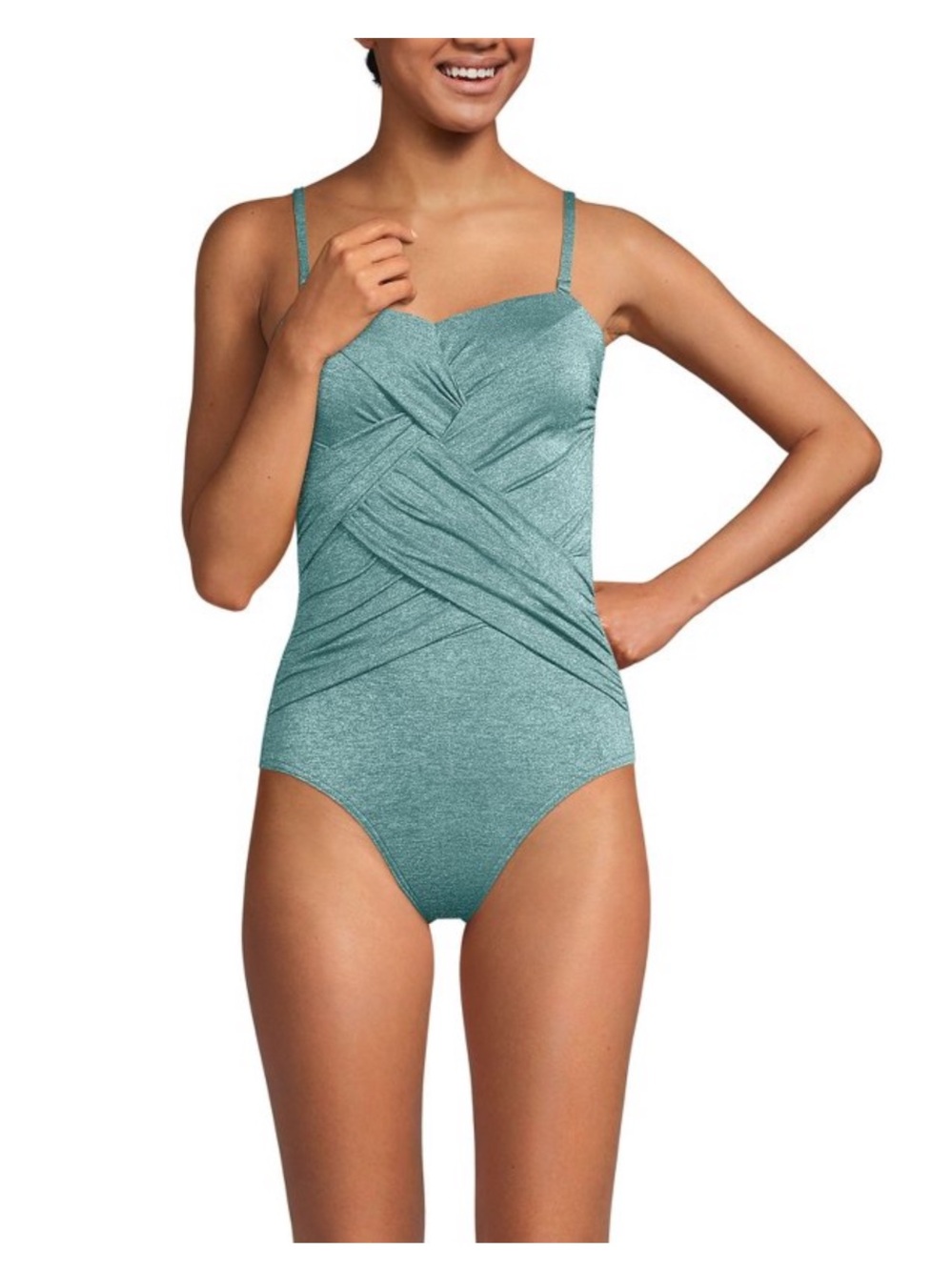 Lands' End Womens Slender Bathing Swim Suit Shine Bandeau Tummy Control 6 Green